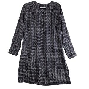 LOFT Shift Dress Geometric Medallion Long Sleeve Grey Burgundy SZ L Boho Office